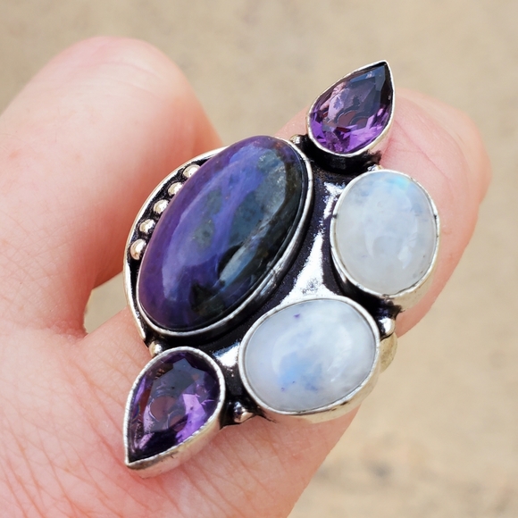 New Charoite, Rainbow Moonstone, and Amethyst 925 Silver Ring. - Picture 13 of 16